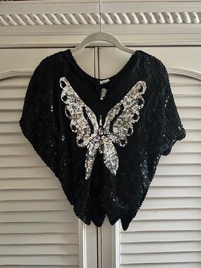 Vintage 100% Silk Sequin Butterfly Black Women’s Top